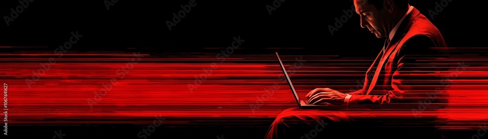 Aufkleber manager demonstrates focused productivity while typing on laptop in hyper-realistic setting