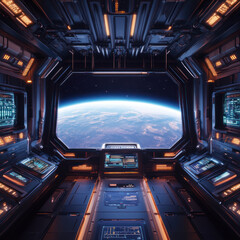 a futuristic spaceship, with glowing panels and holographic displays, overlooking a distant planet.