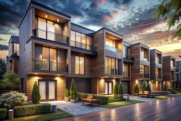 houses at night Modern townhouses, lit at night, with landscaping and paved walkways.