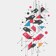 Obraz premium Abstract design featuring stylized fish and geometric shapes in vibrant colors.
