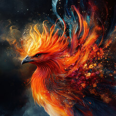 mythical phoenix emerging from the ashes, with vibrant and intricate feathers