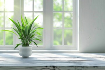 Fototapeta premium Desk with green plant and spring view through window.