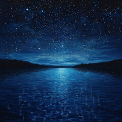 a starry night sky over a serene lake, with the reflection of the stars illuminating the water