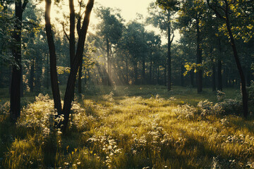 Obraz premium Sunlight Streaming Through Trees in a Serene Open Field During a Peaceful Afternoon