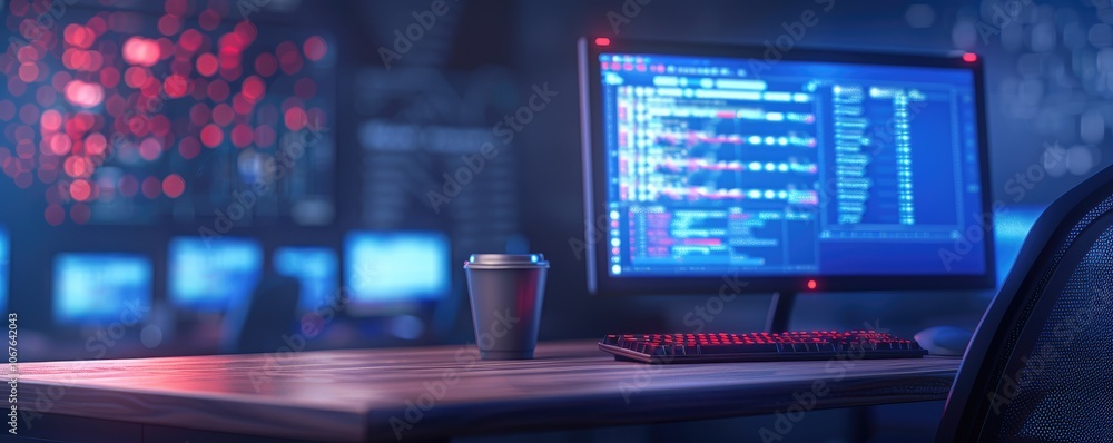 Poster a modern workspace featuring a glowing computer screen with code, a cup of coffee, and a high-tech a