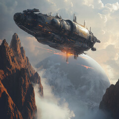 a colossal spaceship hovering effortlessly over an awe-inspiring, alien planet