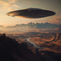 a colossal spaceship hovering effortlessly over an awe-inspiring, alien planet