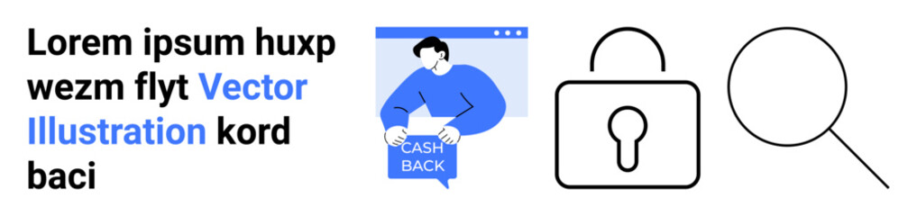 Man holding Cash Back, web page header, secure lock, magnifying glass. Ideal for e-commerce, security, search, finance, online transactions, marketing, promotions Landing page