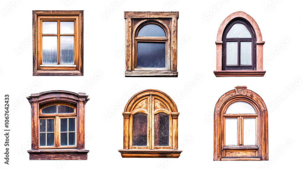 Poster variety of wooden windows in arched and rectangular frames on display generative ai