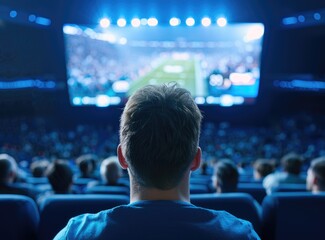 A spectator watches a sports event on a large screen, surrounded by an audience in a dimly lit venue, immersed in the excitement of the game.