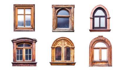 Variety of Wooden Windows in Arched and Rectangular Frames on Display Generative AI