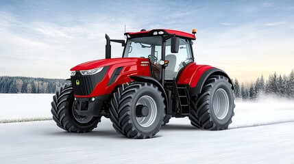 Obraz premium A vibrant red tractor drives along a winding road through foggy woods under bright spring sunshine and a light sky