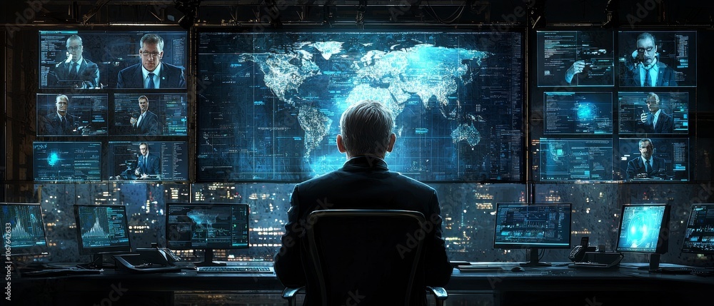 Aufkleber manager analyzes global data trends while overseeing operations in a high-tech control room