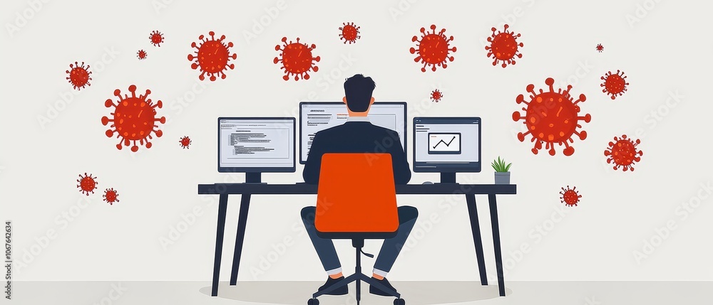 Poster admin troubleshoots computer issues amidst pandemic challenges in a realistic art depiction