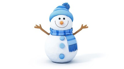 A cheerful snowman with a blue scarf and hat, smiling warmly against a white background, perfect for winter imagery.