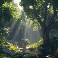 a tranquil forest, with towering trees, a babbling brook, and sunlight filtering through the canopy