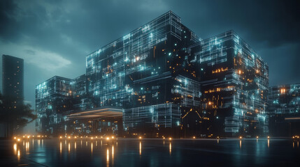 Naklejka premium Futuristic Tech Building: Glowing Circuitry Facade, Night Scene, 3D Rendering