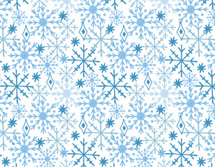 Winter pattern with snowflakes, vector seamless background with blue snowflakes. It is suitable for decorating the New Year and Merry Christmas.