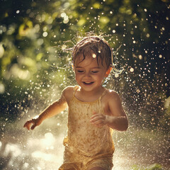 a young child running through a sprinkler on a hot summer day, with water droplets flying all around.