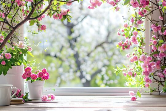 Fototapeta Desk with spring flowers and window background.