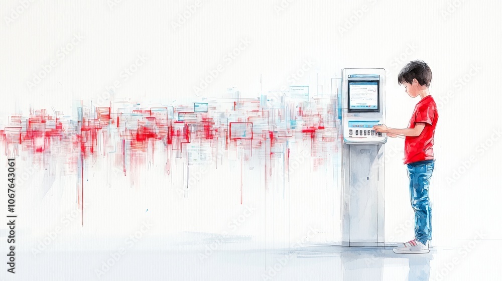 Poster how a watercolor-inspired design captures a user engaged at a high-tech kiosk in a vibrant artistic 