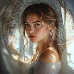 a young woman with ethereal beauty, illuminated by a soft morning light filtering through a window painted with an intricate mandala design.