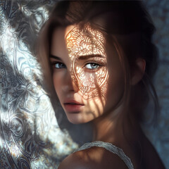 a young woman with ethereal beauty, illuminated by a soft morning light filtering through a window painted with an intricate mandala design.
