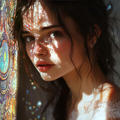 a young woman with ethereal beauty, illuminated by a soft morning light filtering through a window painted with an intricate mandala design.