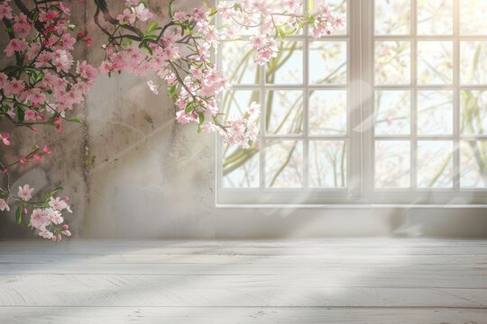 Fototapeta Desk with spring flowers and window background.