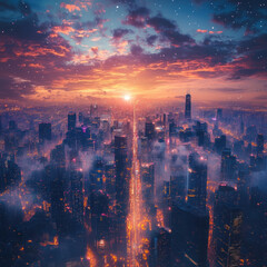 a colorful sunset over a vibrant and bustling city, with towering skyscrapers and twinkling lights