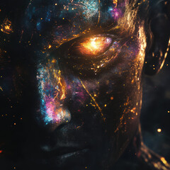 a cosmic entity with ethereal, glowing eyes and an iridescent, celestial body