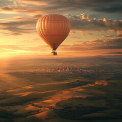 a couple enjoying a hot air balloon ride at sunrise, with beautiful vistas of rolling hills and a cityscape in the distance. Shot from a wide angle to capture the sense of awe and wonder.