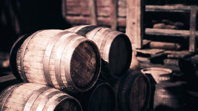 A collection of wooden barrels stacked closely together inside an aged warehouse, illuminated by warm afternoon light filtering through dusty windows.