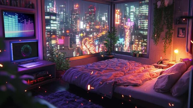 A cozy bedroom with plants, glowing city out of the window, lo fi. 4k video animation
