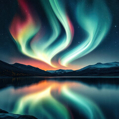 a dreamy aurora borealis, the swirling bands of vibrant colors illuminated by a starlit sky. The aurora reflects on a pristine lake, creating an enchanting spectacle.