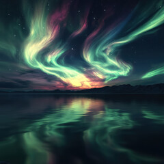 a dreamy aurora borealis, the swirling bands of vibrant colors illuminated by a starlit sky. The aurora reflects on a pristine lake, creating an enchanting spectacle.