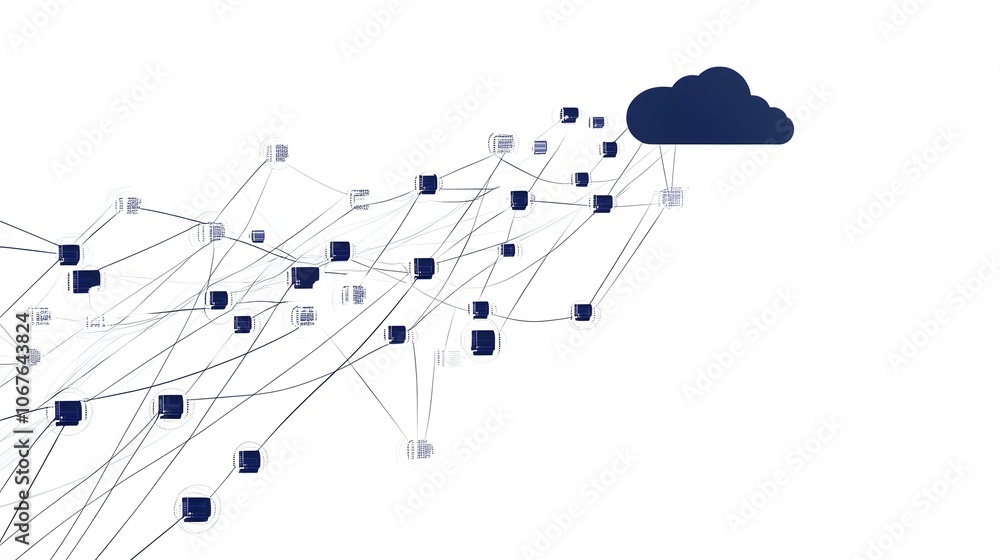 Poster cloud computing infrastructure with digital management icons and circuit graphics on a blue backgrou