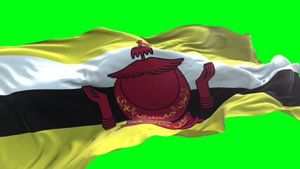 Brunei flag - 3D realistic waving flag on green screen background for chroma key