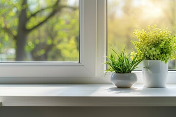 Fototapeta premium White kitchen desk with green plant spring background.