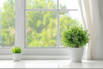 Fototapeta premium White kitchen desk with green plant spring background.