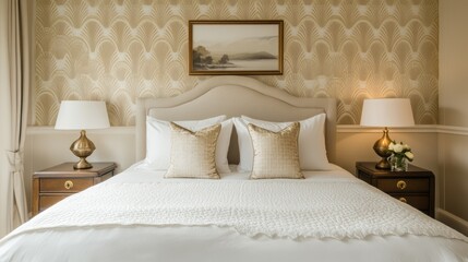 Luxurious Bedroom with White Bedding and Patterned Wallpaper