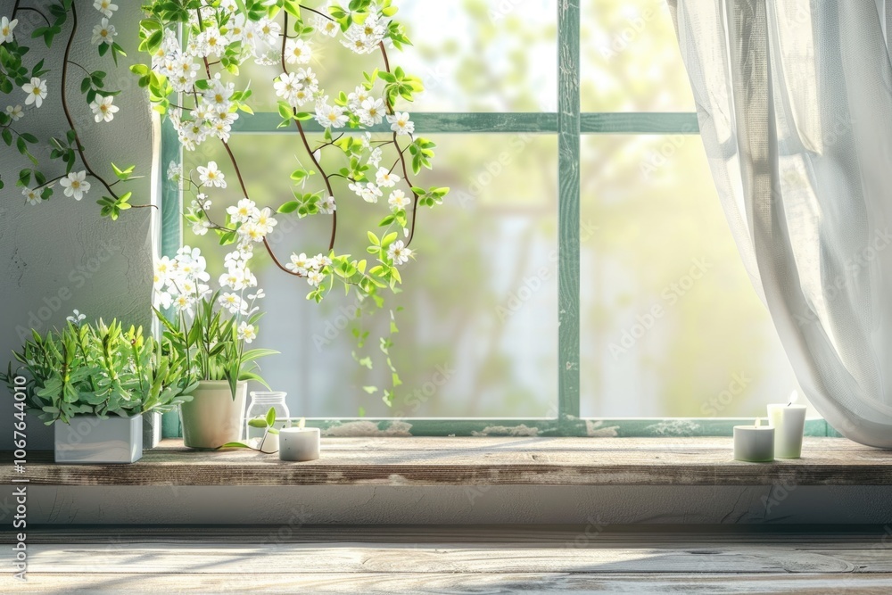 Poster spring table with window and desk free space for decoration.
