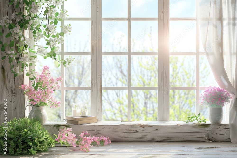 Poster spring table with window and desk free space for decoration.
