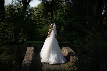 Bride in wedding dress stands on a stone footbridge