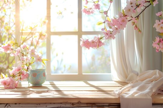 Spring table with window and desk  free space for decoration.