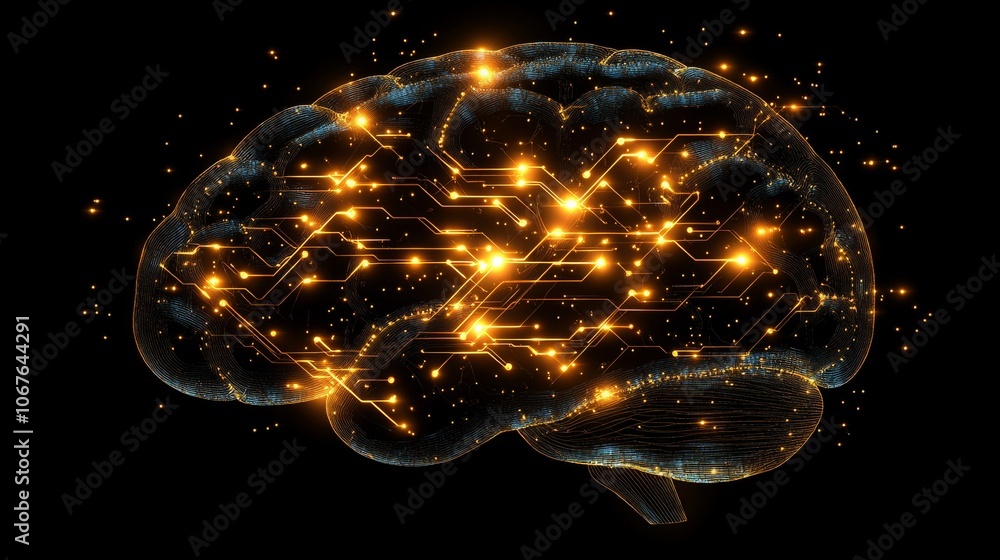 Poster silhouette of a brain with led circuits showing neural connectivity and activity