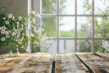 Spring themed product display with white window and flowers.