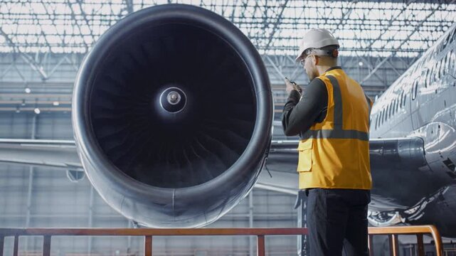 Airport Ground Crew Worker Near Aircraft Engine Inspecting Commercial Jet Aviation Safety