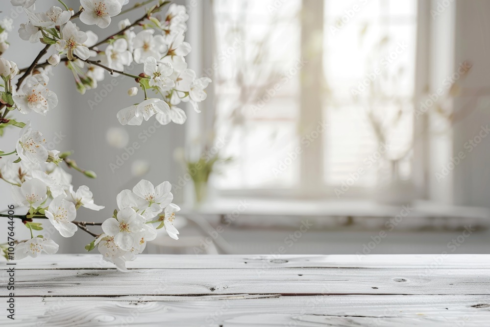 Poster spring themed product display with white window and flowers.