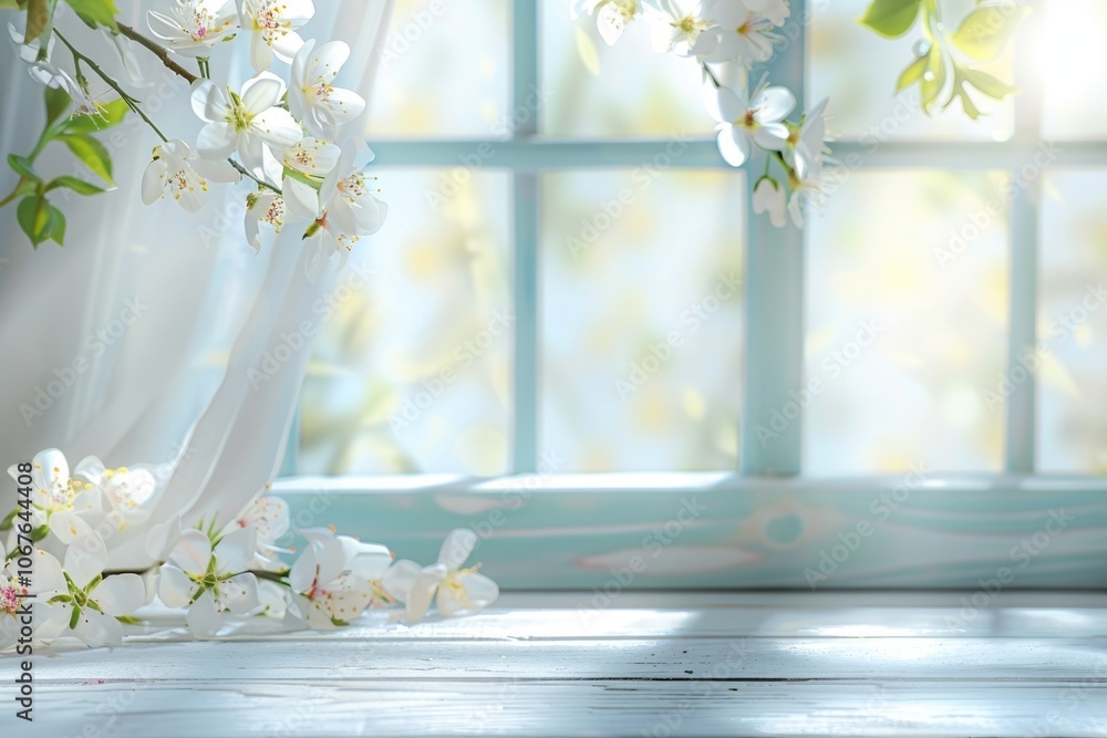 Poster spring themed product display with white window and flowers.